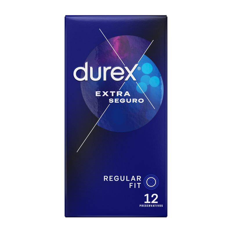 Embalagem de preservativos DUREX Extra Seguro com 12 unidades, destacando a proteção e conforto.