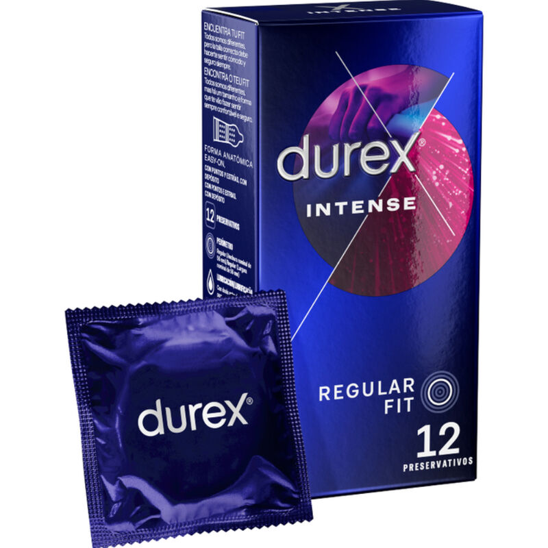 Durex Preservativos Orgasmo Intenso 12 Unidades, embalagem e pormenor do preservativo com textura estimulante e gel