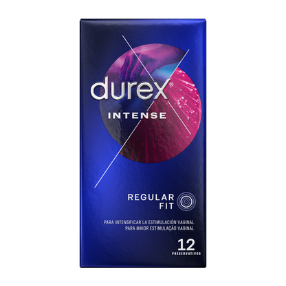 Durex Preservativos Orgasmo Intenso 12 Unidades, embalagem e pormenor do preservativo com textura estimulante e gel