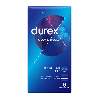 Embalagem de DUREX Preservativos Clássicos Natural Látex 6 Unidades, destacando a marca e as características do produto.