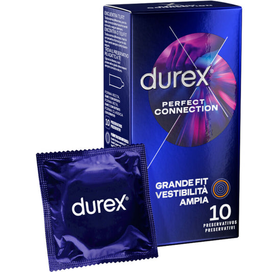 Embalagem dos Preservativos DUREX Conexão Perfeita com 10 unidades, realçando a lubrificação extra de silicone.