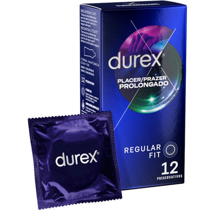 Embalagem de DUREX Preservativos Retardantes com Benzocaína 12 UNIDADES, mostrando o design da marca e a quantidade.