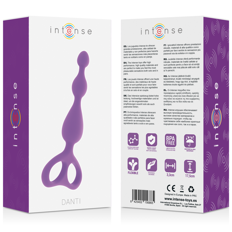 INTENSE Danti Estimulador Anal Lilás de silicone macio, mostrando detalhes do design e textura.