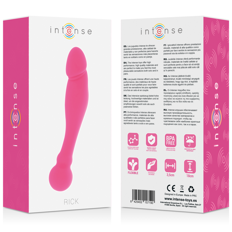 Close-up of the Intense Dildo Duplo Rick Silicone Rosa, highlighting its flexible design and dual ends.
