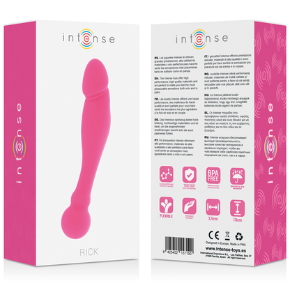 Close-up of the Intense Dildo Duplo Rick Silicone Rosa, highlighting its flexible design and dual ends.