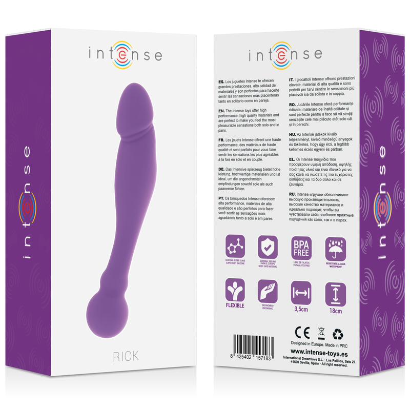 Intense Dildo Duplo Silicone Roxo para Dupla Estimulação, mostrando as extremidades e material sedoso.