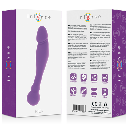 Intense Dildo Duplo Silicone Roxo para Dupla Estimulação, mostrando as extremidades e material sedoso.