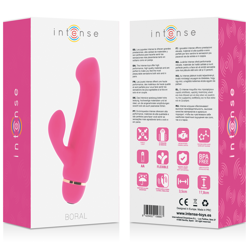Close-up do Vibrador Intense Boral 20 Velocidades Silicone Rosa, destacando seu design ergonômico e material.
