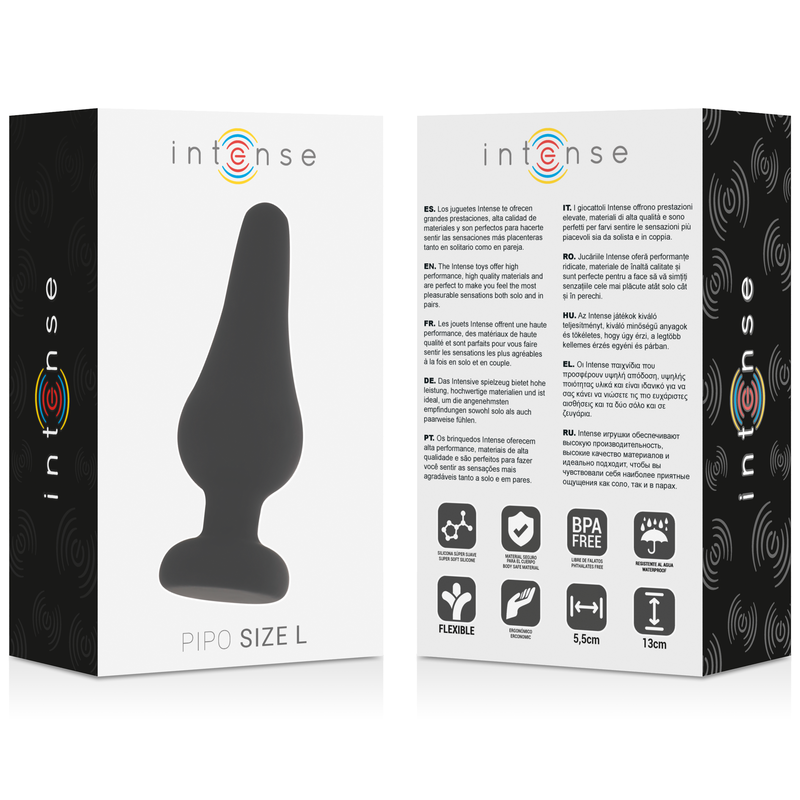 Close-up do INTENSE Plug Anal Pipo L em silicone preto de 13 cm, destacando sua forma cónica e material suave.