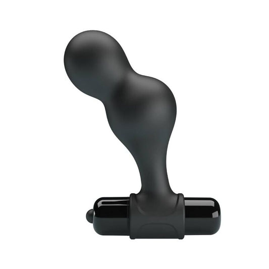 Close-up do Plug Anal Vibrador MR PLAY de Silicone Preto, mostrando seu design ergonómico e base de segurança.