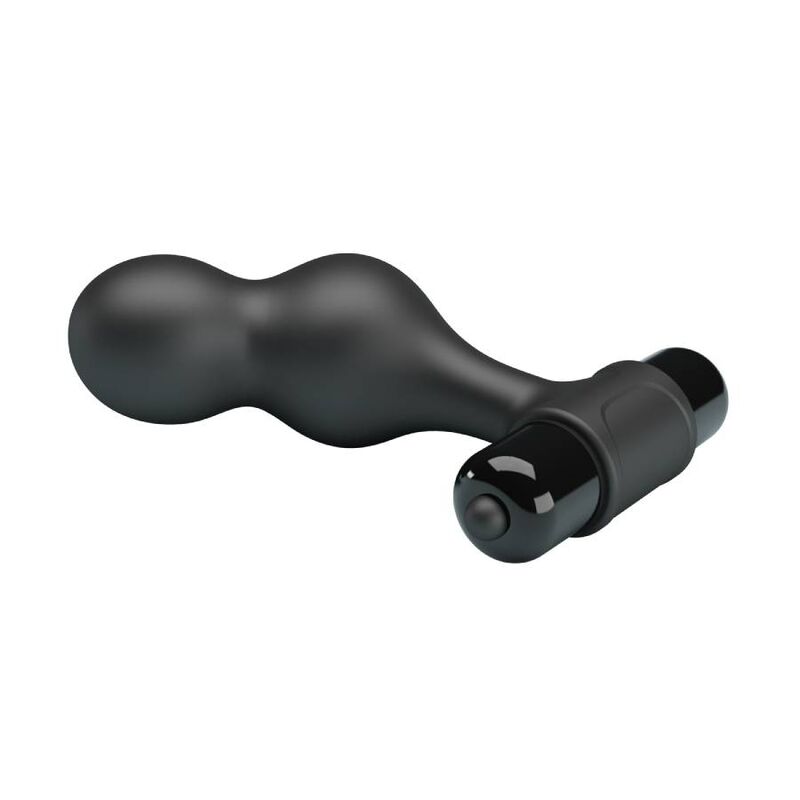 Close-up do Plug Anal Vibrador MR PLAY de Silicone Preto, mostrando seu design ergonómico e base de segurança.