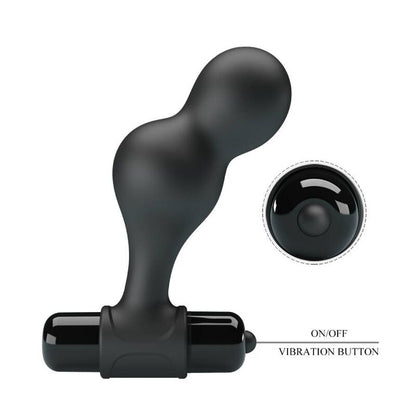 Close-up do Plug Anal Vibrador MR PLAY de Silicone Preto, mostrando seu design ergonómico e base de segurança.