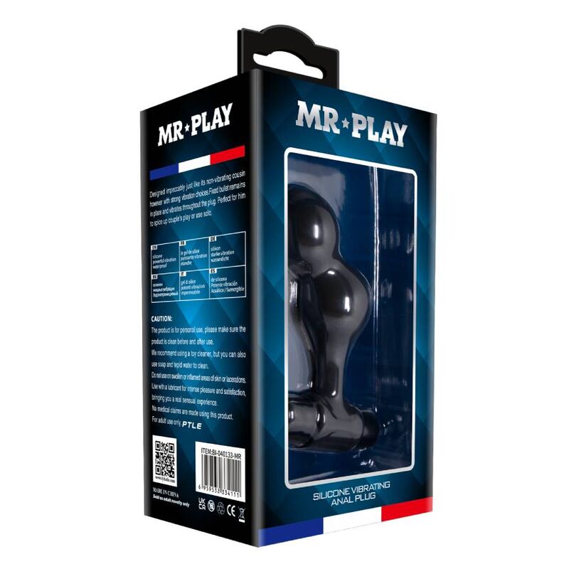 Close-up do Plug Anal Vibrador MR PLAY de Silicone Preto, mostrando seu design ergonómico e base de segurança.