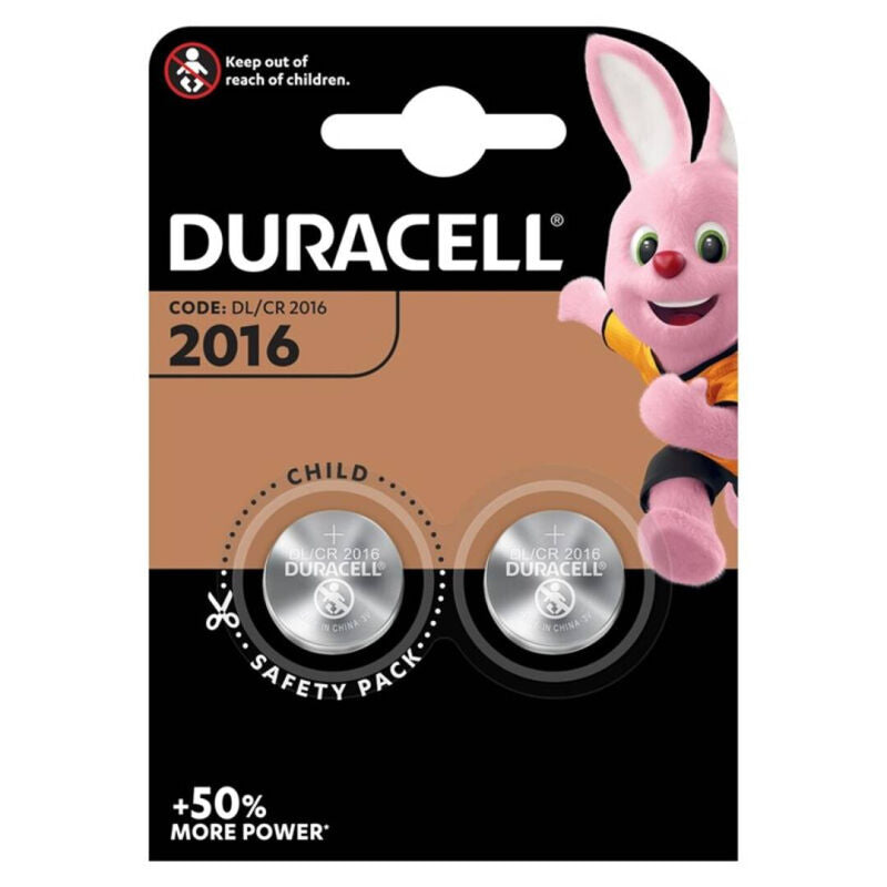 Pack de 2 Baterias Duracell Botão Lítio CR2016 3V para dispositivos eletrónicos.