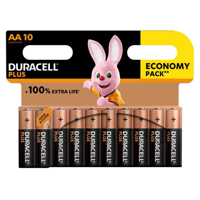 Pack de 10 pilhas Duracell Bateria Alcalina AA LR6 Plus Power 100, apresentando a embalagem e as pilhas.
