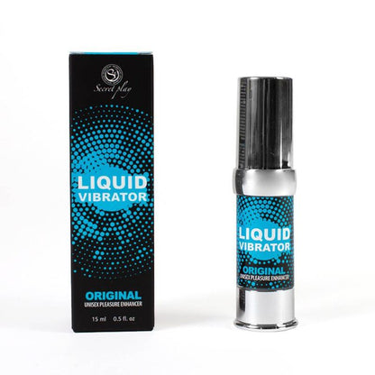 Close-up of the SECRETPLAY Vibrador Líquido Estimulante Unissex 15 ML showing its sleek design and the airless dispenser.