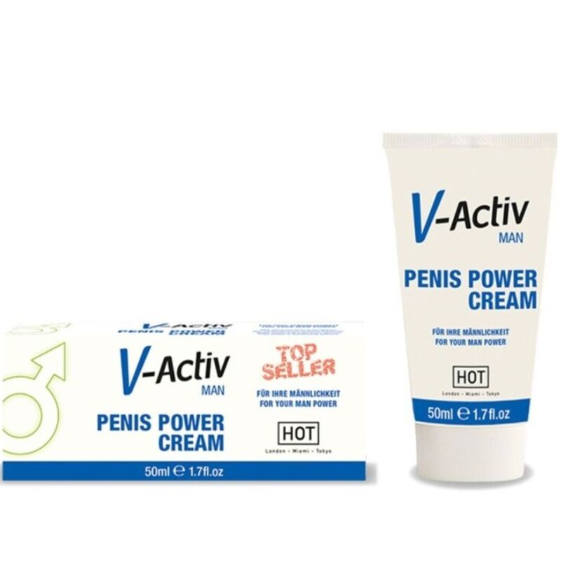 Detalhe do creme potenciador masculino HOT - V-ACTIV Penis Power Man 50ml, focado na embalagem e textura.