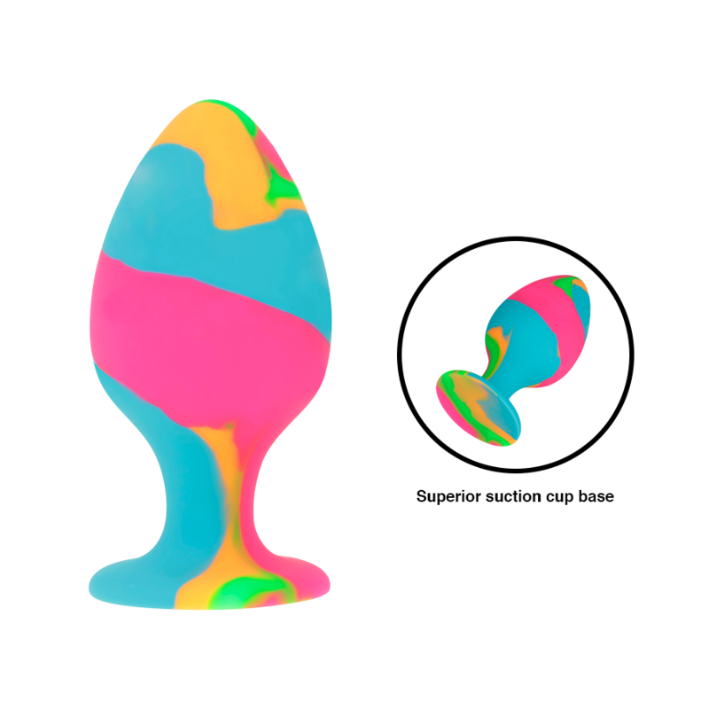 Close-up of the Intense Multicolor Silicone Anal Plug Set, showing its tie-dye design and varied sizes.