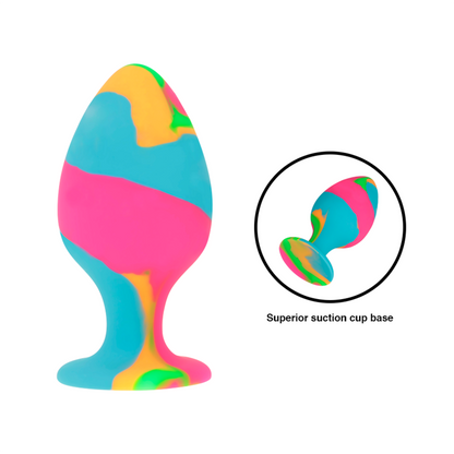 Close-up of the Intense Multicolor Silicone Anal Plug Set, showing its tie-dye design and varied sizes.