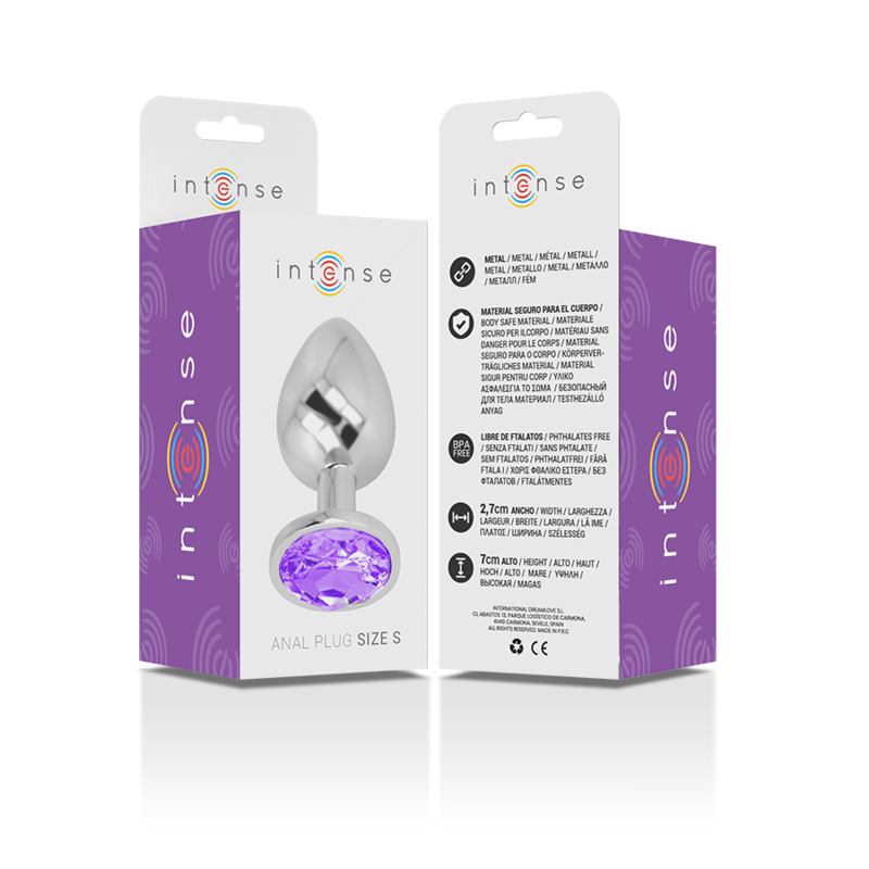 Intense Plug Anal de Metal com Cristal Violeta Tamanho S, mostrando seu design luxuoso e o detalhe do cristal.