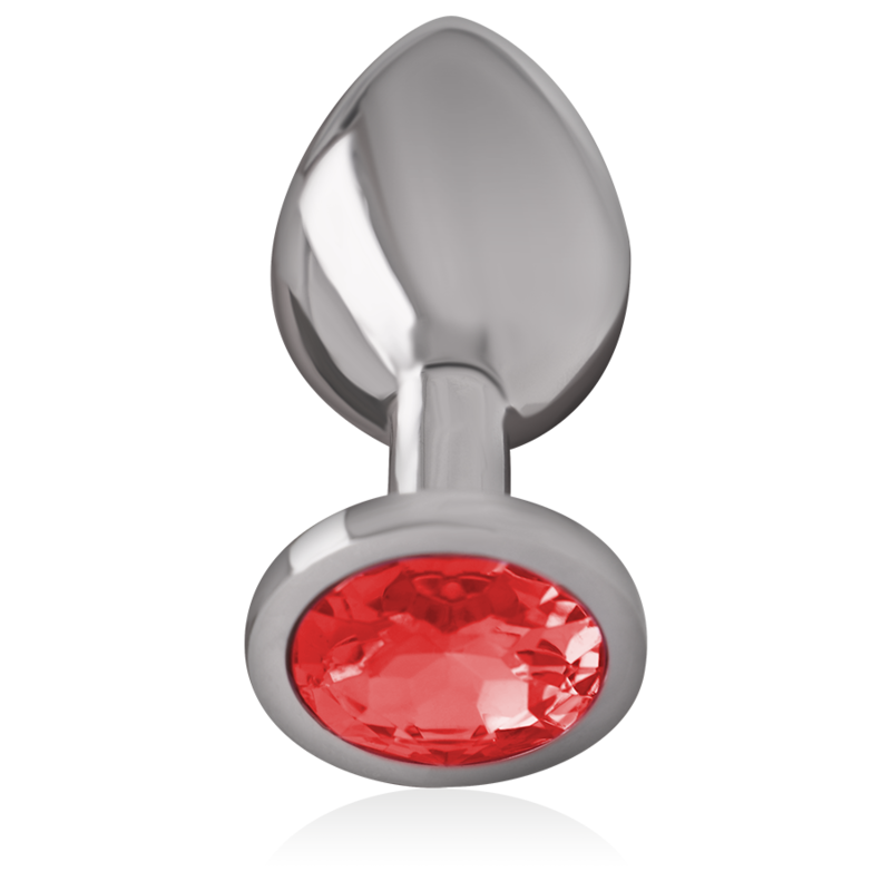 Close-up do Plug Anal Intense™ de Metal com Cristal Vermelho Tamanho M, destacando o design luxuoso e o material de alta qualidade.