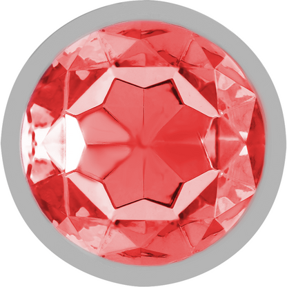 Close-up do Plug Anal Intense™ de Metal com Cristal Vermelho Tamanho M, destacando o design luxuoso e o material de alta qualidade.