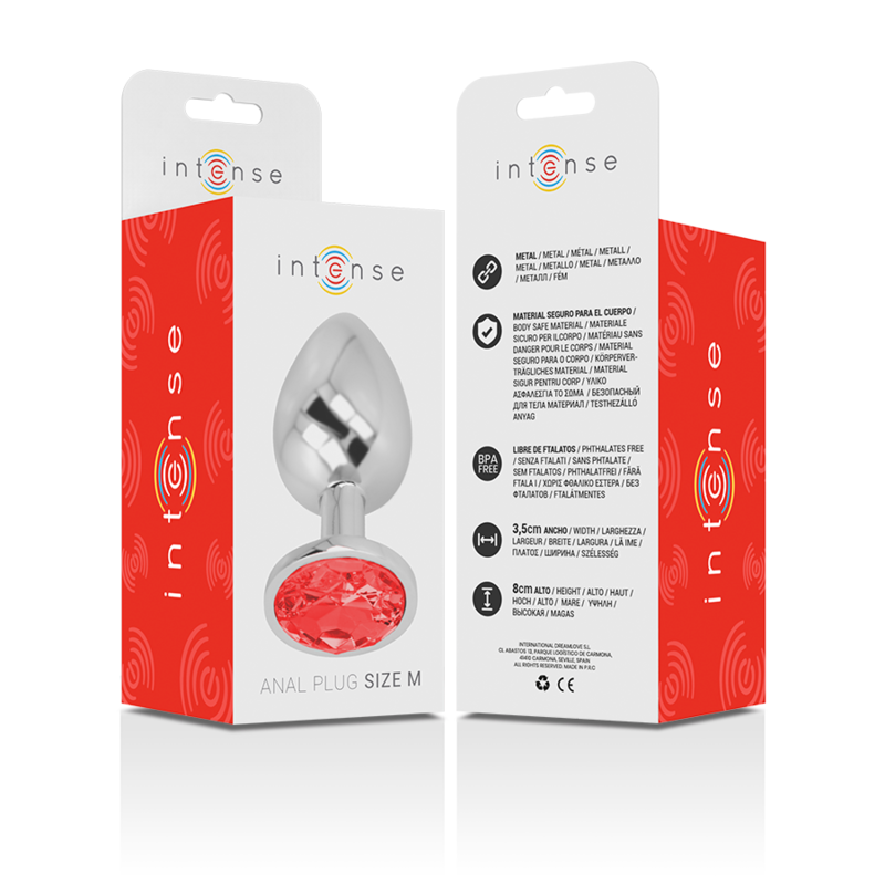 Close-up do Plug Anal Intense™ de Metal com Cristal Vermelho Tamanho M, destacando o design luxuoso e o material de alta qualidade.