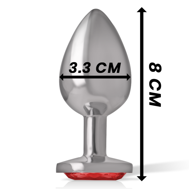 Close-up do Plug Anal Intense™ de Metal com Cristal Vermelho Tamanho M, destacando o design luxuoso e o material de alta qualidade.