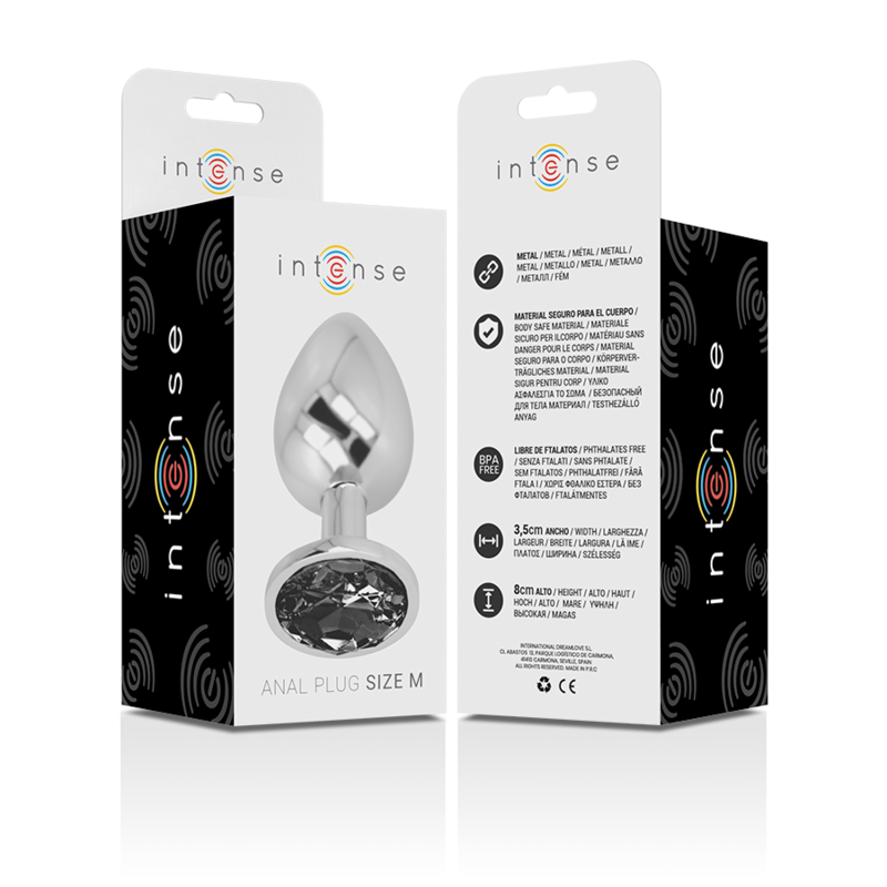 Close-up do Plug Anal Intense de Metal com Joia de Vidro Preto M, mostrando seu design luxuoso e material.