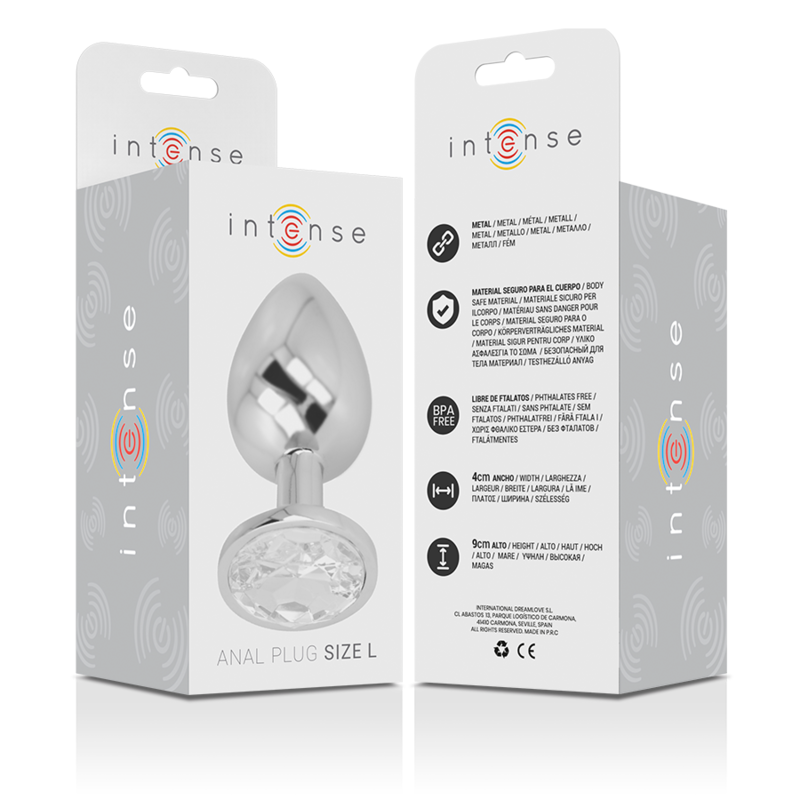 Plug Anal Intense de Metal com Cristal Prata Tamanho L, mostrando o detalhe da joia e o acabamento metálico.