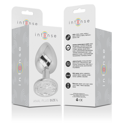 Plug Anal Intense de Metal com Cristal Prata Tamanho L, mostrando o detalhe da joia e o acabamento metálico.