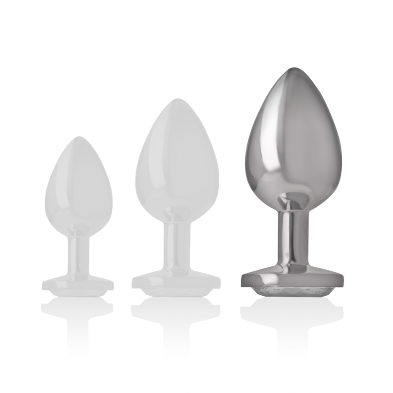 Plug Anal Intense de Metal com Cristal Prata Tamanho L, mostrando o detalhe da joia e o acabamento metálico.