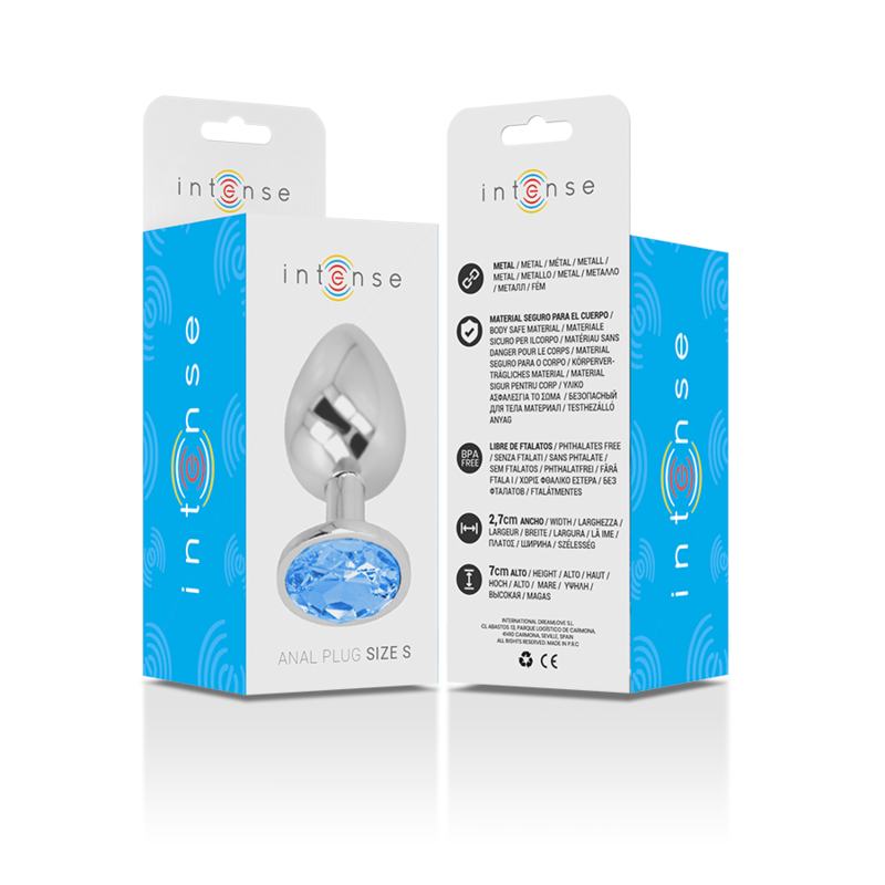 Close-up do Plug Anal INTENSE de Metal com Cristal Azul, tamanho S, mostrando seu design e brilho.
