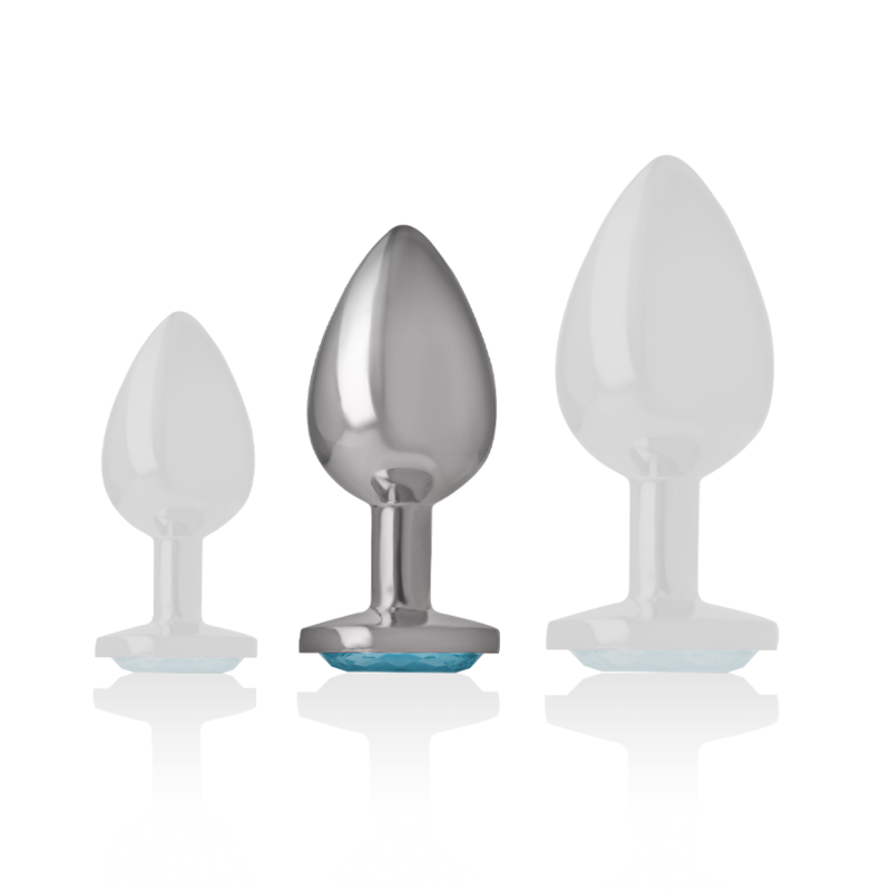Plug anal Intense de metal com joia azul, tamanho M, exibindo seu design elegante e material brilhante.