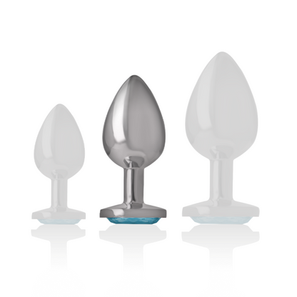 Plug anal Intense de metal com joia azul, tamanho M, exibindo seu design elegante e material brilhante.