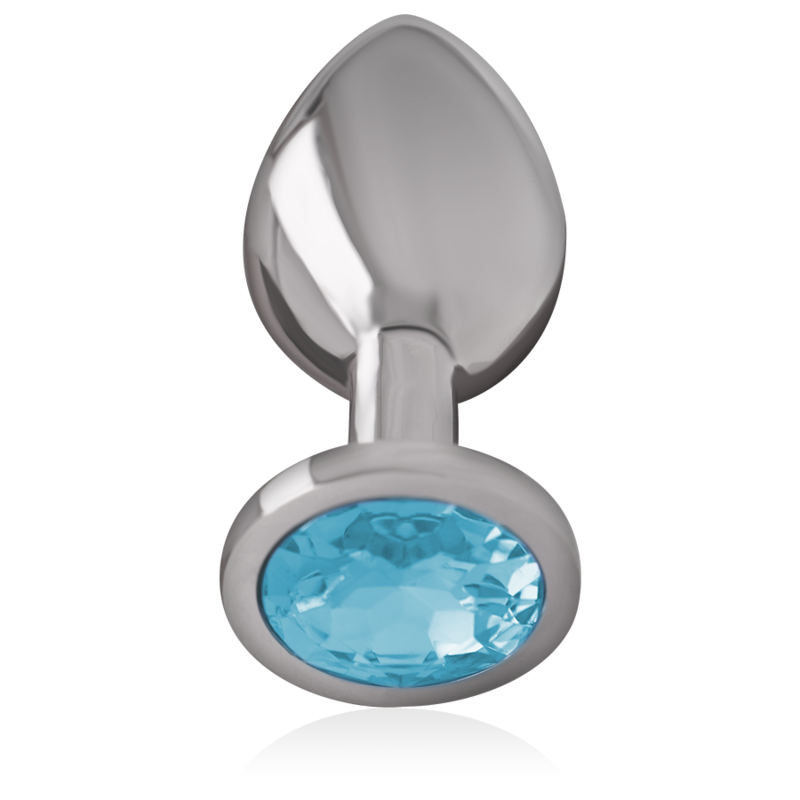 Plug anal Intense de metal com joia azul, tamanho M, exibindo seu design elegante e material brilhante.