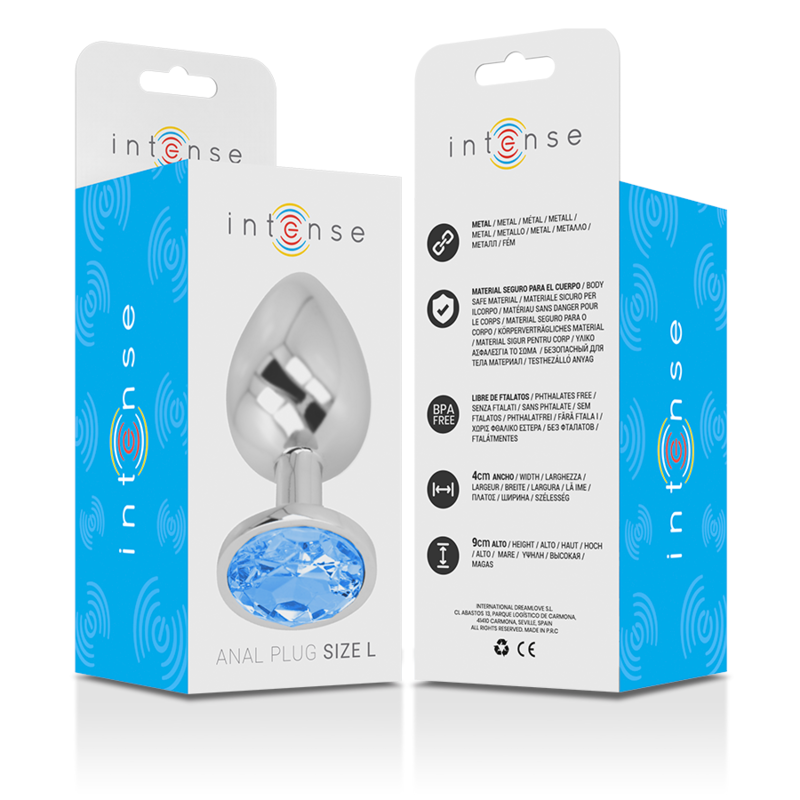 Plug anal de metal Intense com cristal azul e superfície lisa.