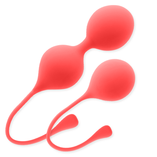 Close-up das Bolas Kegel Intense Pack Kendall em silicone vermelho, mostrando o design ergonómico para treino do pavimento pélvico.