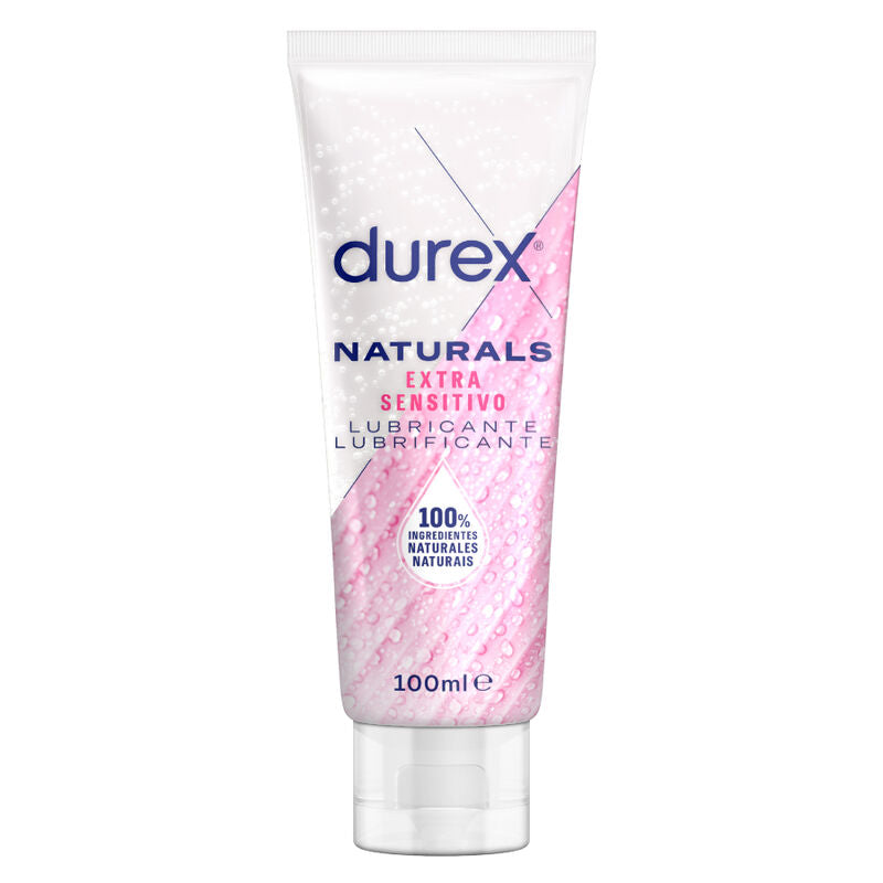 Close-up do lubrificante íntimo DUREX Naturals Extra Sensível 100ml, destacando a embalagem e a sua formulação natural.