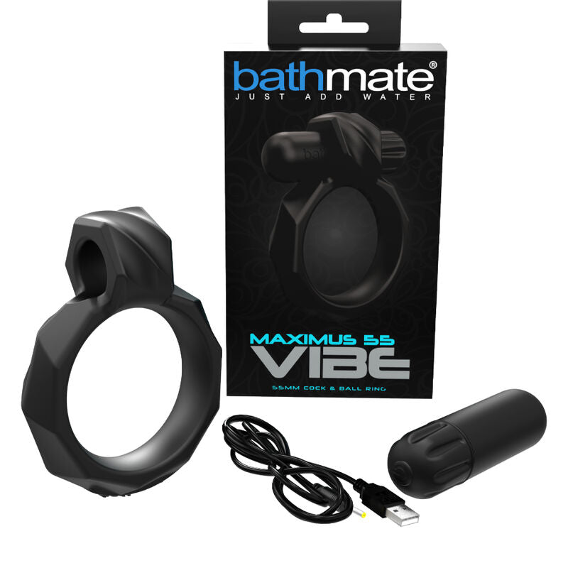 Close-up do anel vibrador BATHMATE Vibe Maximus 55, mostrando seu design em silicone e o motor VIBE Bullet.