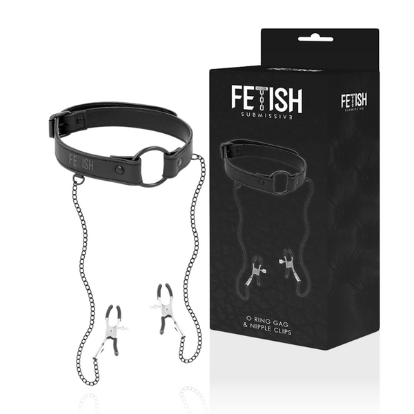 FETISH SUBMISSIVE – Mordaça com Anel de Couro Vegano e Grampos de Mamilo com Corrente