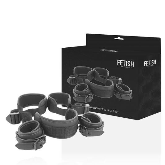 Conjunto Fetish Submissive de restrições de pernas abertas com algemas de neoprene e arnês de pescoço para BDSM.