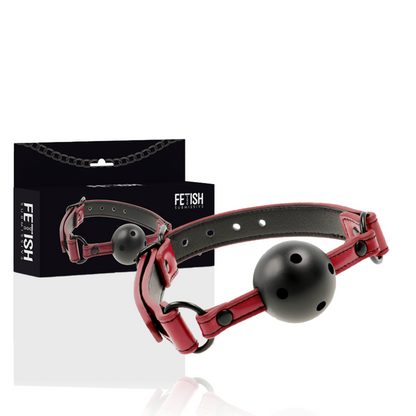 Mordaça Respirável Fetish Submissive Dark Room em couro vegano preta, com orifícios de respiração e fecho ajustável, ideal para jogos BDSM.