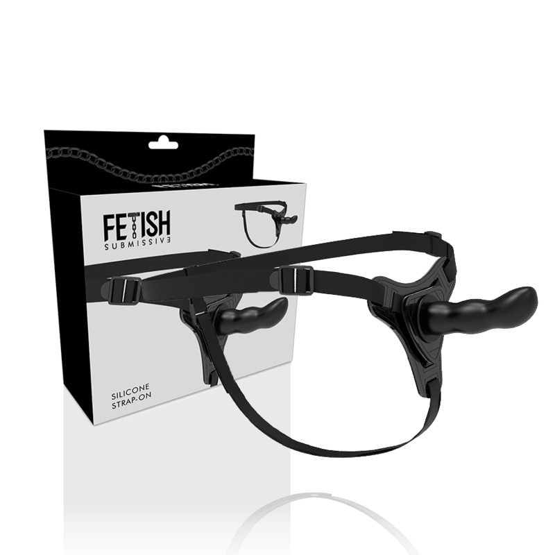 Close-up of the Fetish Submissive Silicone Harness in black, showing its flexible texture and 16cm G-spot tip.