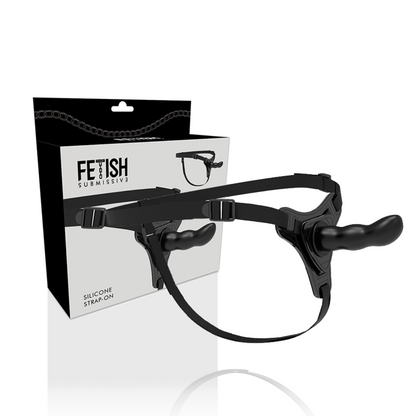 Close-up of the Fetish Submissive Silicone Harness in black, showing its flexible texture and 16cm G-spot tip.