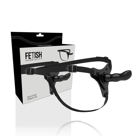 Close-up of the Fetish Submissive Silicone Harness in black, showing its flexible texture and 16cm G-spot tip.