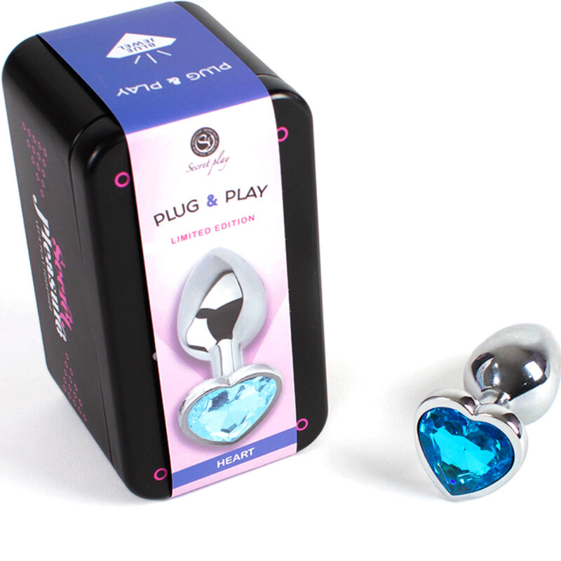 SECRETPLAY Plug Anal de Metal Coração Azul Pequeno 7cm, mostrando detalhes do design e material metálico.