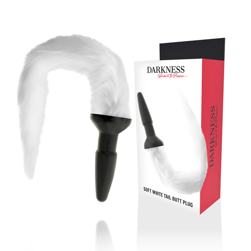 Close-up do Plug Anal de Silicone Darkness com Cauda Branca, destacando o design e a textura.