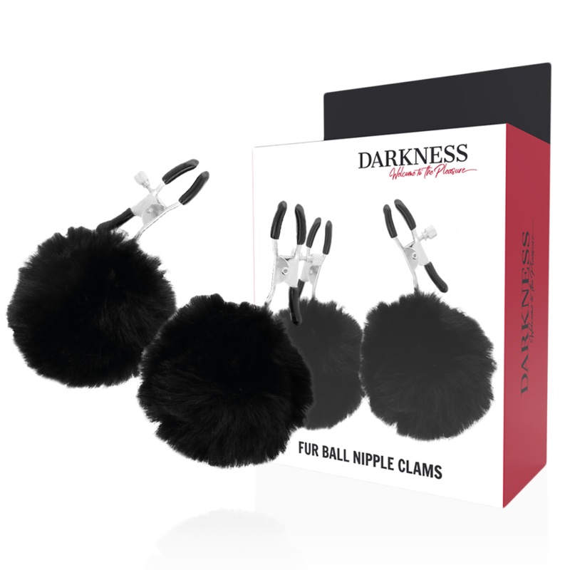 Pinças para bicos Darkness com pompons, ajustáveis para estimulação e jogos BDSM.