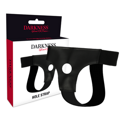 Arnês DARKNESS em couro PU com furo para vibrador, tamanho único e ajustável.